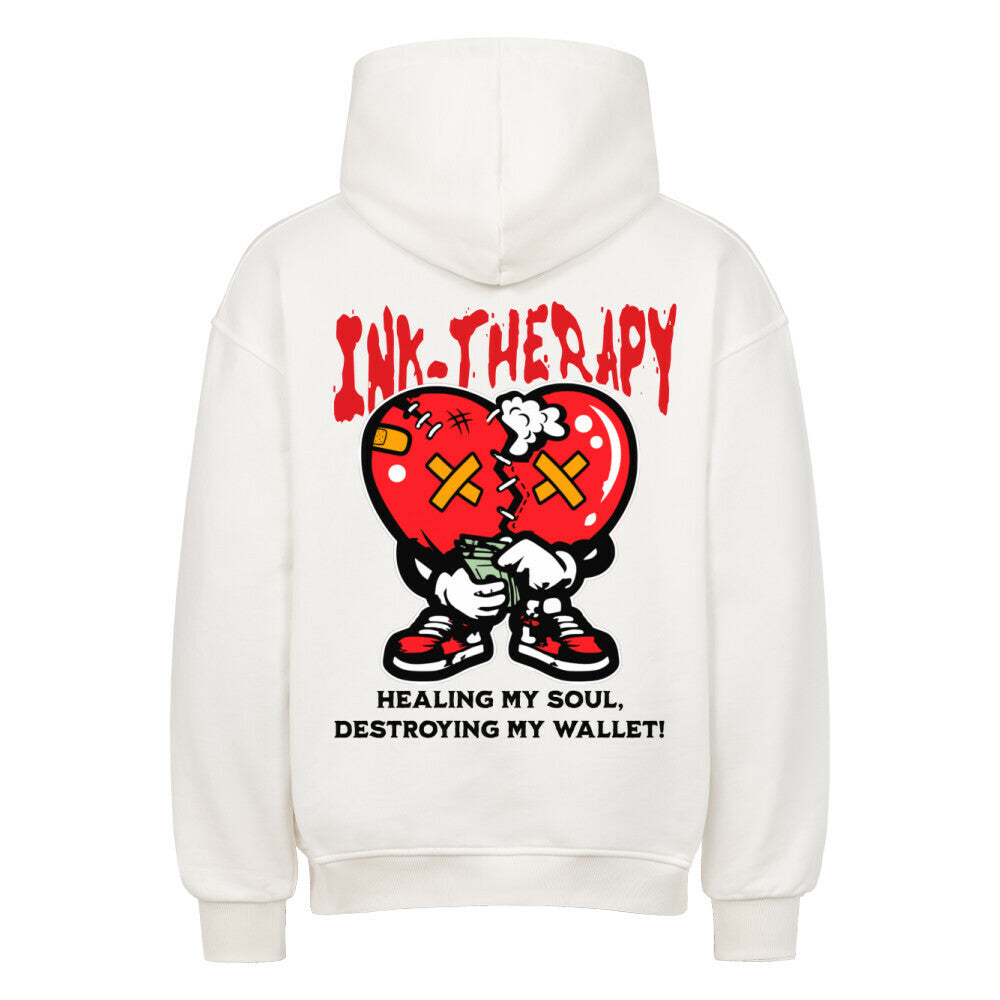 Ink-Therapy - Heavy Oversized Backprint Hoodie Hoodie XS Weiß Tattoo Fashion von inked-mafia.de. Dieses Teil gehört in jeden Kleiderschrank eines inked-rebels! Finde ideale Geschenke für Tätowierte, Tattoofans oder Tätowierer.