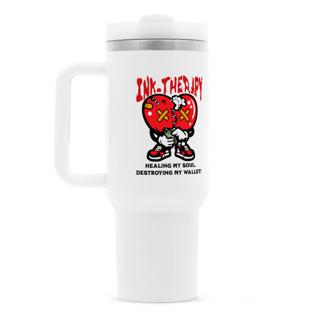 Ink-Therapy - Thermobecher Mug 1200ml Weiß Tattoo Fashion von inked-mafia.de. Dieses Teil gehört in jeden Kleiderschrank eines inked-rebels! Finde ideale Geschenke für Tätowierte, Tattoofans oder Tätowierer.