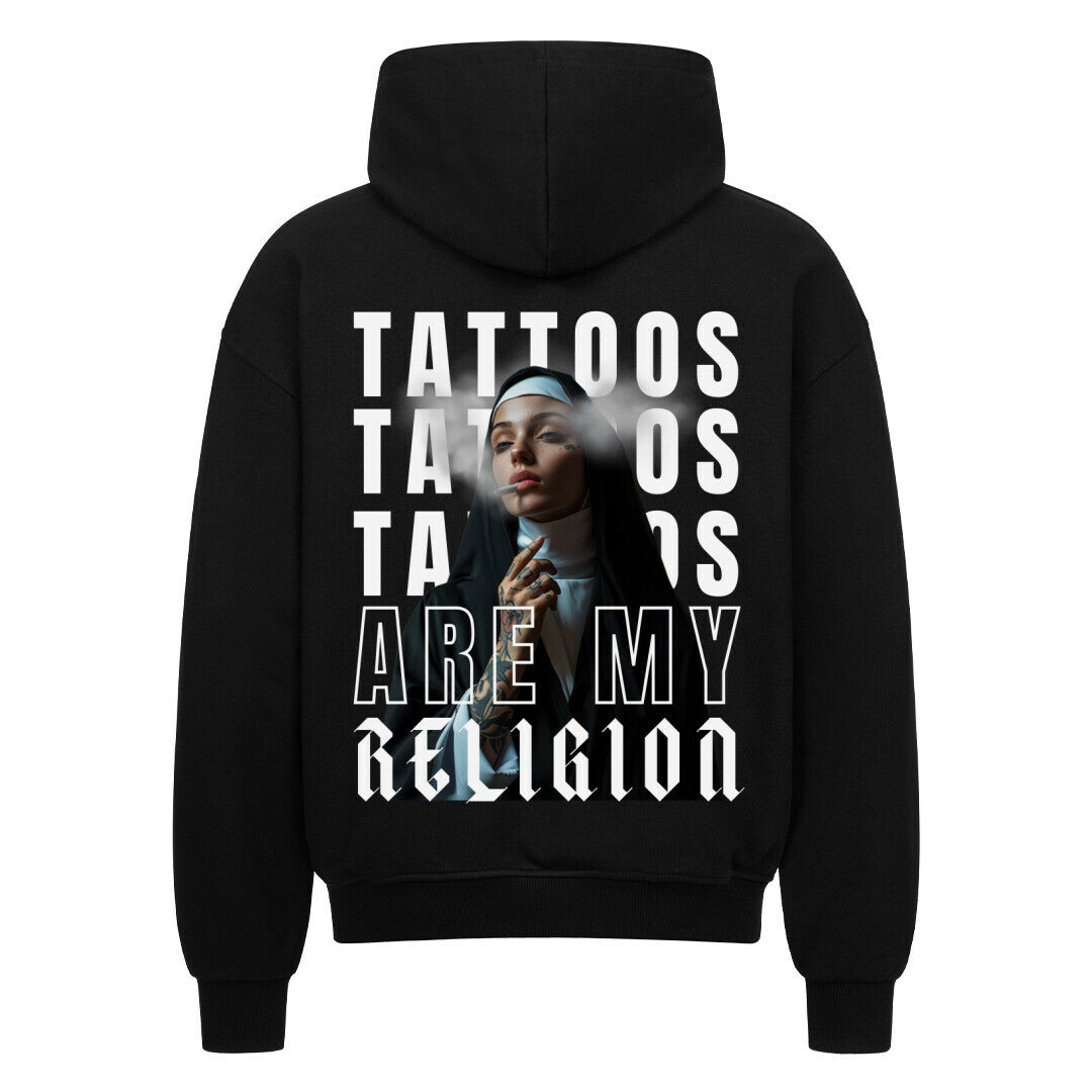 Religion - Heavy Oversized Backprint Zipper Hoodie S Schwarz Tattoo Fashion von inked-mafia.de. Dieses Teil gehört in jeden Kleiderschrank eines inked-rebels! Finde ideale Geschenke für Tätowierte, Tattoofans oder Tätowierer.