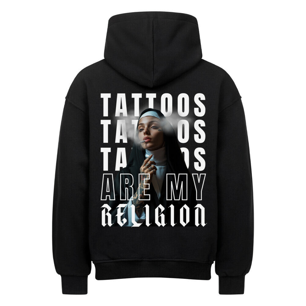 Religion - Heavy Oversized Backprint Hoodie Hoodie XS Schwarz Tattoo Fashion von inked-mafia.de. Dieses Teil gehört in jeden Kleiderschrank eines inked-rebels! Finde ideale Geschenke für Tätowierte, Tattoofans oder Tätowierer.