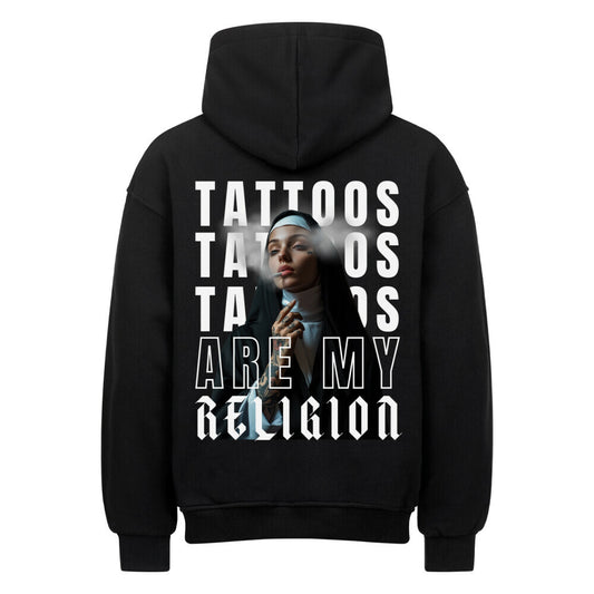 Religion - Heavy Oversized Backprint Hoodie Hoodie XS Schwarz Tattoo Fashion von inked-mafia.de. Dieses Teil gehört in jeden Kleiderschrank eines inked-rebels! Finde ideale Geschenke für Tätowierte, Tattoofans oder Tätowierer.