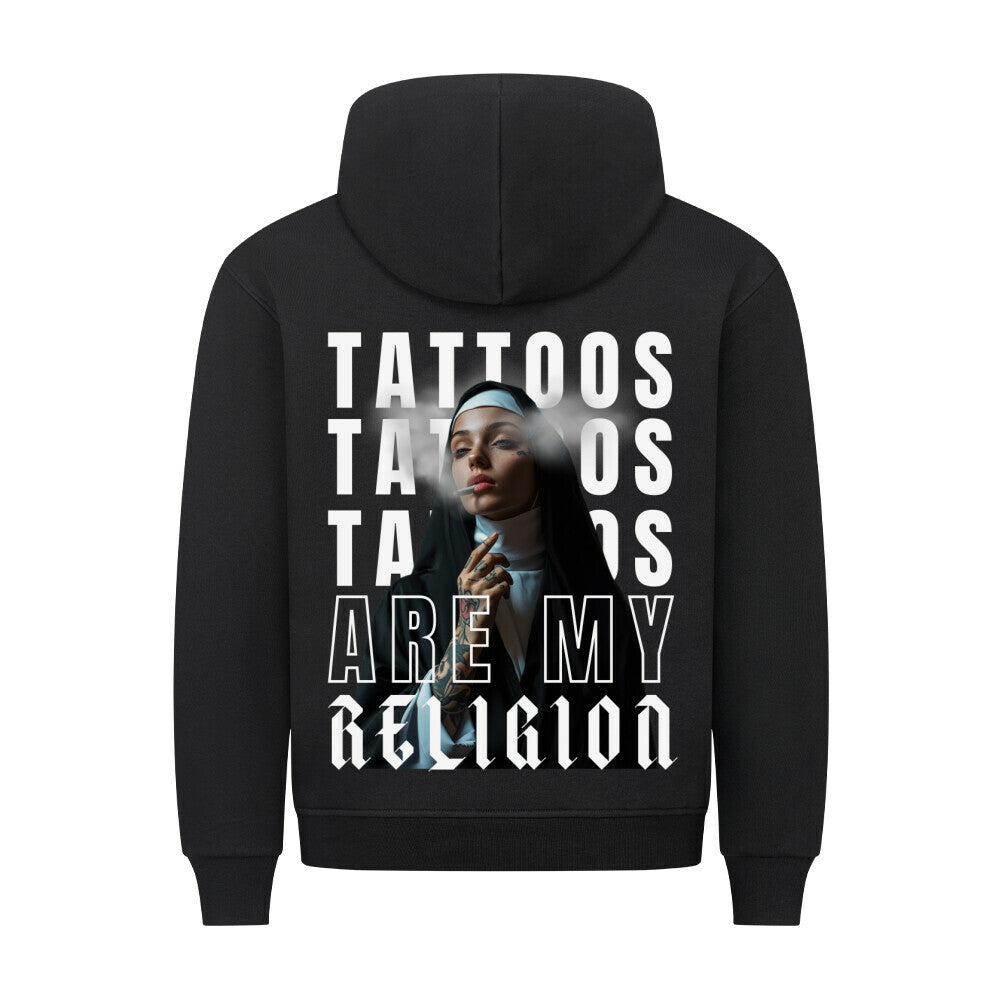 Religion - Backprint Hoodie Hoodie S Schwarz Tattoo Fashion von inked-mafia.de. Dieses Teil gehört in jeden Kleiderschrank eines inked-rebels! Finde ideale Geschenke für Tätowierte, Tattoofans oder Tätowierer.