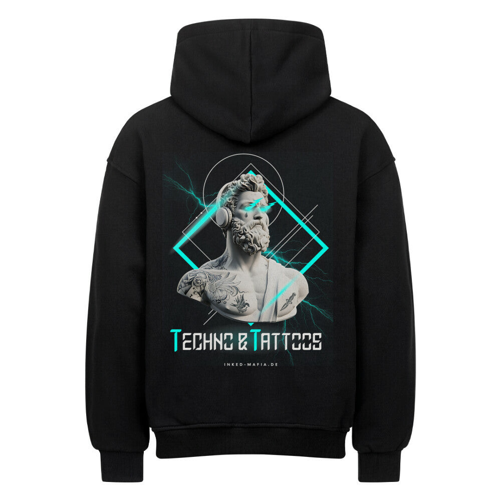 Techno&Tattoos - Heavy Oversized Backprint Hoodie Hoodie XS Schwarz Tattoo Fashion von inked-mafia.de. Dieses Teil gehört in jeden Kleiderschrank eines inked-rebels! Finde ideale Geschenke für Tätowierte, Tattoofans oder Tätowierer.