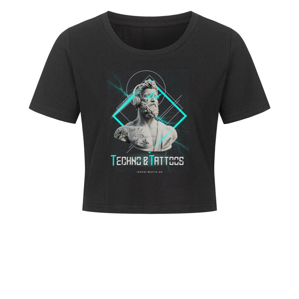 Techno&Tattoos - Damen Crop Top T-Shirt XS Schwarz Tattoo Fashion von inked-mafia.de. Dieses Teil gehört in jeden Kleiderschrank eines inked-rebels! Finde ideale Geschenke für Tätowierte, Tattoofans oder Tätowierer.