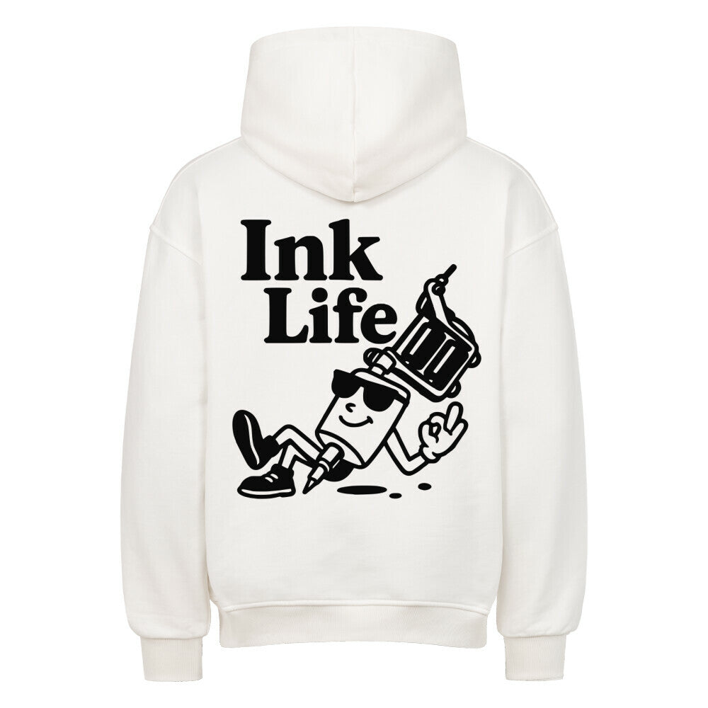 Ink Life - Heavy Oversized Backprint Hoodie Hoodie XS Weiß Tattoo Fashion von inked-mafia.de. Dieses Teil gehört in jeden Kleiderschrank eines inked-rebels! Finde ideale Geschenke für Tätowierte, Tattoofans oder Tätowierer.