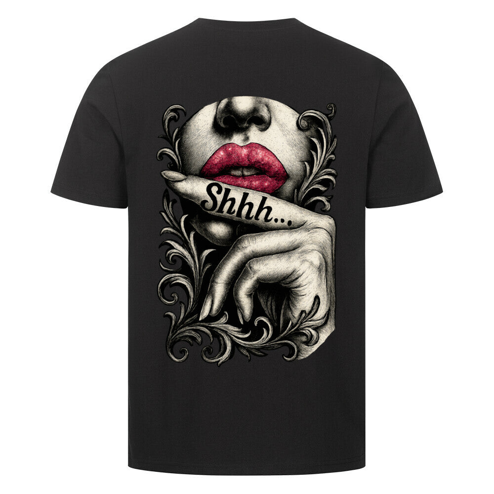 Shhh - Premium Backprint Shirt T-Shirt S Schwarz Tattoo Fashion von inked-mafia.de. Dieses Teil gehört in jeden Kleiderschrank eines inked-rebels! Finde ideale Geschenke für Tätowierte, Tattoofans oder Tätowierer.