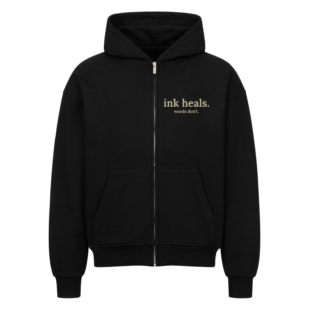 ink heals. - Heavy Oversized Zipper Hoodie S Schwarz Tattoo Fashion von inked-mafia.de. Dieses Teil gehört in jeden Kleiderschrank eines inked-rebels! Finde ideale Geschenke für Tätowierte, Tattoofans oder Tätowierer.