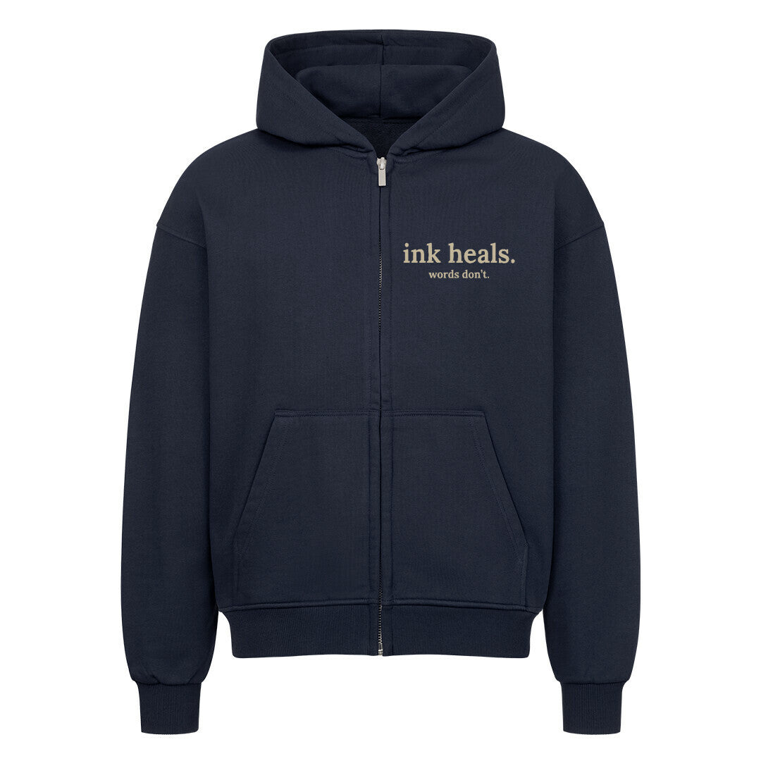 ink heals. - Heavy Oversized Zipper Hoodie S Navy Blue Tattoo Fashion von inked-mafia.de. Dieses Teil gehört in jeden Kleiderschrank eines inked-rebels! Finde ideale Geschenke für Tätowierte, Tattoofans oder Tätowierer.