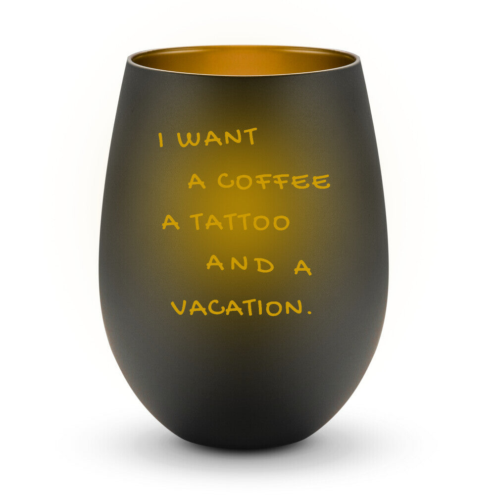 Vacation - Windlicht LaserPng Standard Schwarz-Gold Tattoo Fashion von inked-mafia.de. Dieses Teil gehört in jeden Kleiderschrank eines inked-rebels! Finde ideale Geschenke für Tätowierte, Tattoofans oder Tätowierer.