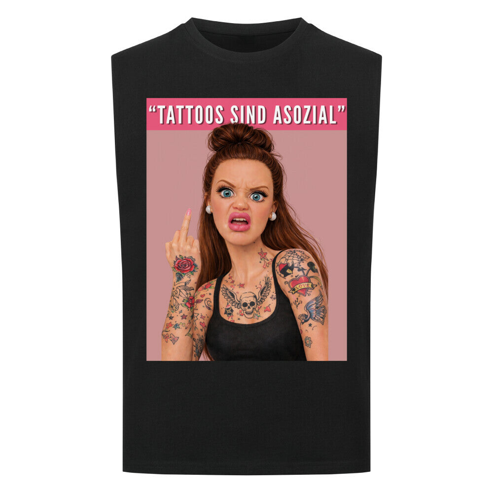 Asozial - Sleeveless Oversized Shirt T-Shirt S Schwarz Tattoo Fashion von inked-mafia.de. Dieses Teil gehört in jeden Kleiderschrank eines inked-rebels! Finde ideale Geschenke für Tätowierte, Tattoofans oder Tätowierer.