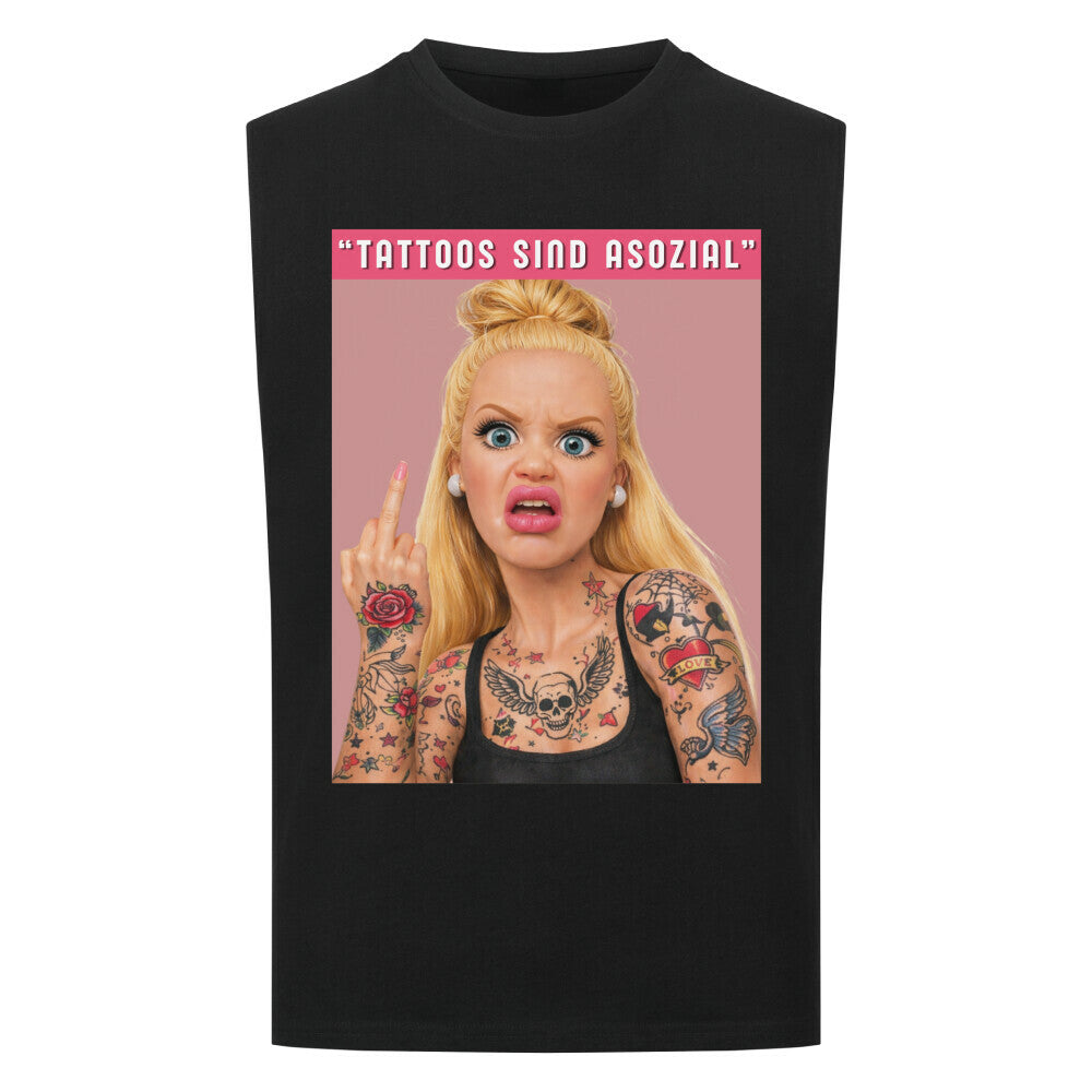 Asozial - Sleeveless Oversized Shirt T-Shirt S Schwarz Tattoo Fashion von inked-mafia.de. Dieses Teil gehört in jeden Kleiderschrank eines inked-rebels! Finde ideale Geschenke für Tätowierte, Tattoofans oder Tätowierer.
