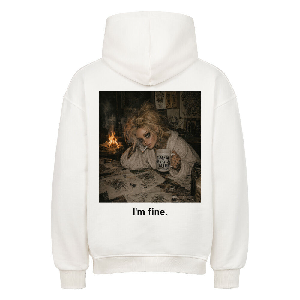 I'm fine - Heavy Oversized Backprint Hoodie Hoodie XS Weiß Tattoo Fashion von inked-mafia.de. Dieses Teil gehört in jeden Kleiderschrank eines inked-rebels! Finde ideale Geschenke für Tätowierte, Tattoofans oder Tätowierer.