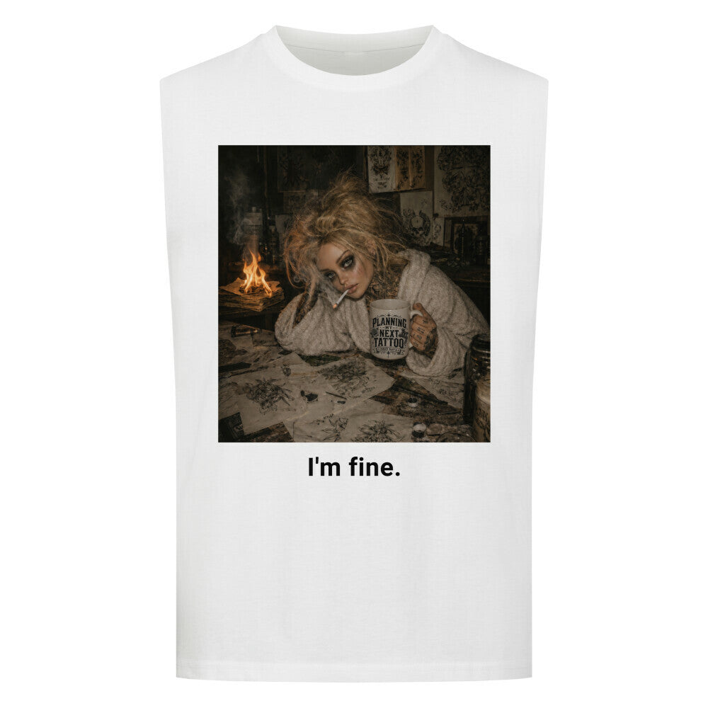 I'm fine - Sleeveless Oversized Shirt T-Shirt S Weiß Tattoo Fashion von inked-mafia.de. Dieses Teil gehört in jeden Kleiderschrank eines inked-rebels! Finde ideale Geschenke für Tätowierte, Tattoofans oder Tätowierer.