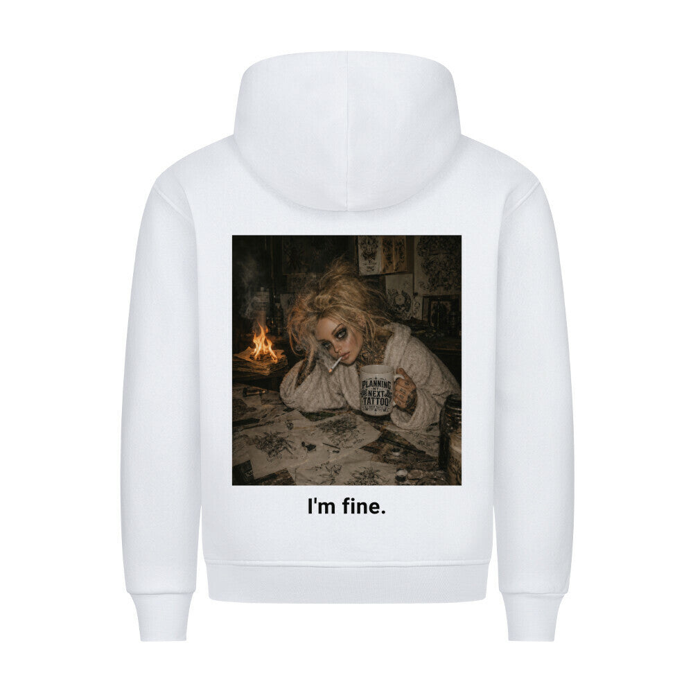 I'm fine - Backprint Hoodie Hoodie S Weiß Tattoo Fashion von inked-mafia.de. Dieses Teil gehört in jeden Kleiderschrank eines inked-rebels! Finde ideale Geschenke für Tätowierte, Tattoofans oder Tätowierer.