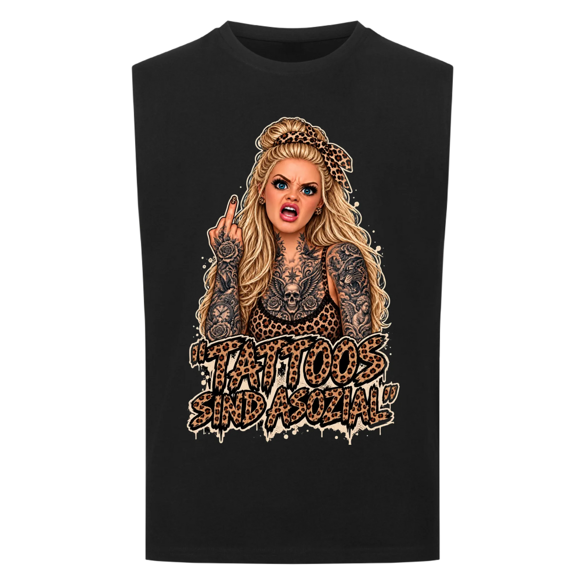 Asozial (LEO-Edition) - Sleeveless Oversized Shirt (personalisierbar) Customizer Sleeveless Oversized Shirt Schwarz S Tattoo Fashion von inked-mafia.de. Dieses Teil gehört in jeden Kleiderschrank eines inked-rebels! Finde ideale Geschenke für Tätowierte, Tattoofans oder Tätowierer.