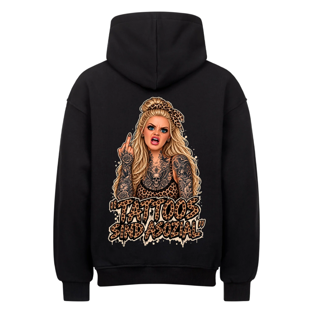 Asozial (LEO-Edition) - Heavy Oversized Backprint Hoodie (personalisierbar) Customizer Heavy Oversized Hoodie Schwarz XS Tattoo Fashion von inked-mafia.de. Dieses Teil gehört in jeden Kleiderschrank eines inked-rebels! Finde ideale Geschenke für Tätowierte, Tattoofans oder Tätowierer.