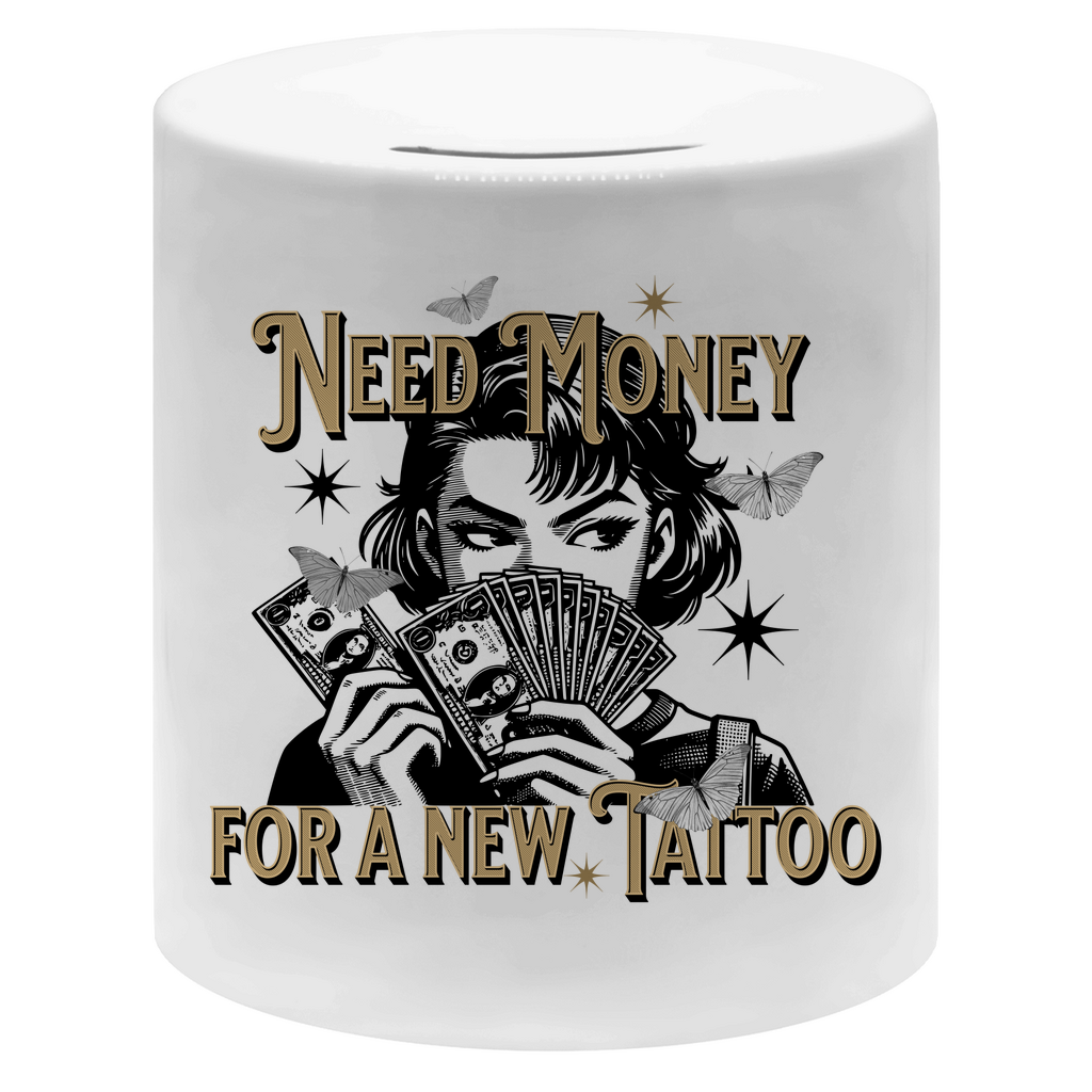 Need Money - Spardose Home & Living  Weiß One size  Tattoo Fashion von inked-mafia.de. Dieses Teil gehört in jeden Kleiderschrank eines inked-rebels! Finde ideale Geschenke für Tätowierte, Tattoofans oder Tätowierer.