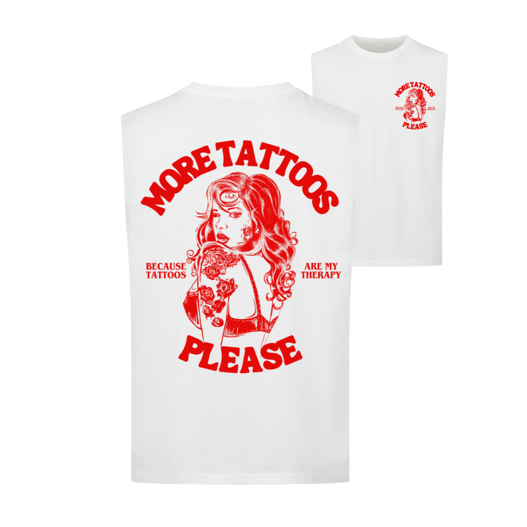 More Tattoos please - Sleeveless Oversized Backprint Shirt T-Shirt Tattoo Fashion von inked-mafia.de. Dieses Teil gehört in jeden Kleiderschrank eines inked-rebels! Finde ideale Geschenke für Tätowierte, Tattoofans oder Tätowierer.