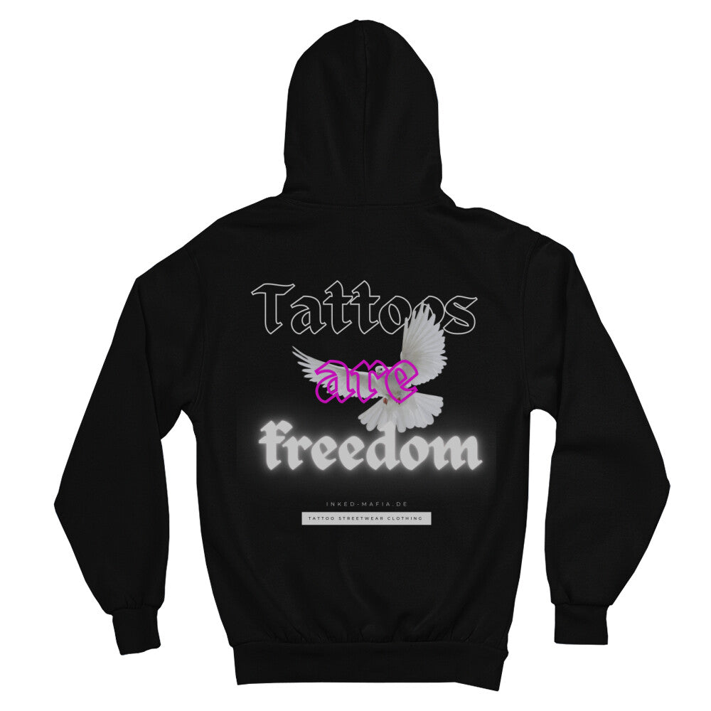 Freedom - Backprint Hoodie Hoodie  S Schwarz  Tattoo Fashion von inked-mafia.de. Dieses Teil gehört in jeden Kleiderschrank eines inked-rebels! Finde ideale Geschenke für Tätowierte, Tattoofans oder Tätowierer.