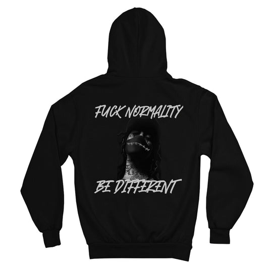 Fuck Normality - Backprint Hoodie Hoodie  S Schwarz  Tattoo Fashion von inked-mafia.de. Dieses Teil gehört in jeden Kleiderschrank eines inked-rebels! Finde ideale Geschenke für Tätowierte, Tattoofans oder Tätowierer.