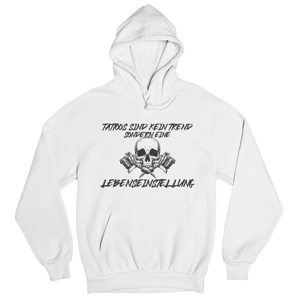 Lebenseinstellung - Hoodie Hoodie  S Weiß  Tattoo Fashion von inked-mafia.de. Dieses Teil gehört in jeden Kleiderschrank eines inked-rebels! Finde ideale Geschenke für Tätowierte, Tattoofans oder Tätowierer.