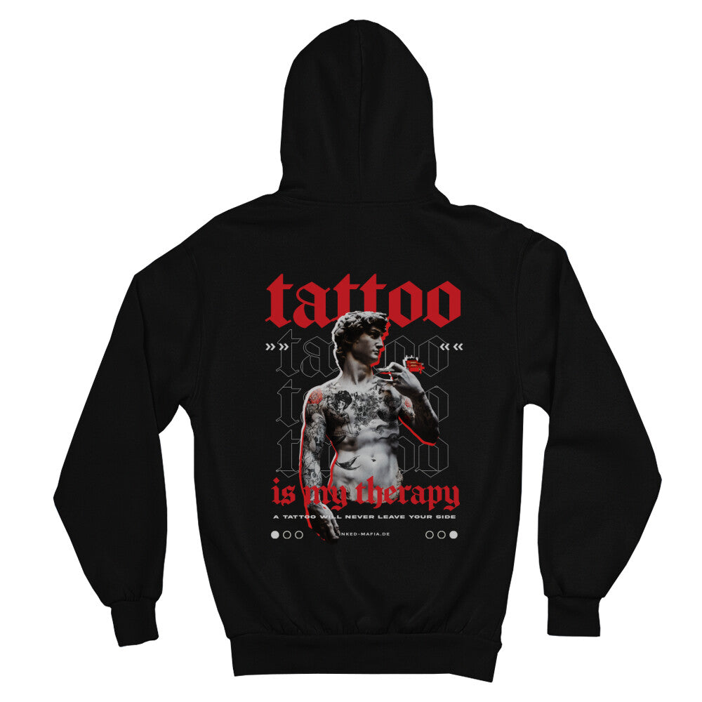 Therapy - Backprint Hoodie Hoodie  S Schwarz  Tattoo Fashion von inked-mafia.de. Dieses Teil gehört in jeden Kleiderschrank eines inked-rebels! Finde ideale Geschenke für Tätowierte, Tattoofans oder Tätowierer.