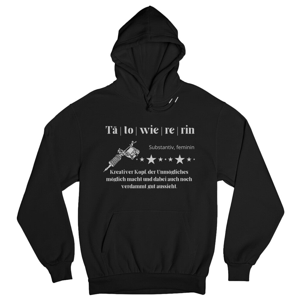 Tätowiererin - Hoodie Hoodie  S Schwarz  Tattoo Fashion von inked-mafia.de. Dieses Teil gehört in jeden Kleiderschrank eines inked-rebels! Finde ideale Geschenke für Tätowierte, Tattoofans oder Tätowierer.