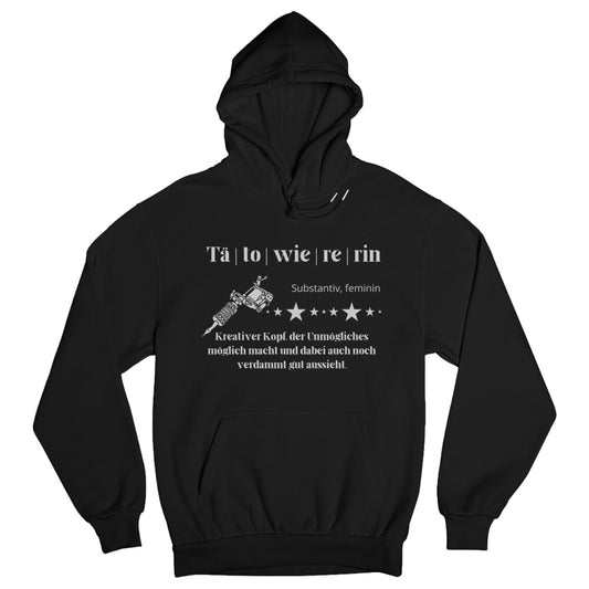 Tätowiererin - Hoodie Hoodie  S Schwarz  Tattoo Fashion von inked-mafia.de. Dieses Teil gehört in jeden Kleiderschrank eines inked-rebels! Finde ideale Geschenke für Tätowierte, Tattoofans oder Tätowierer.