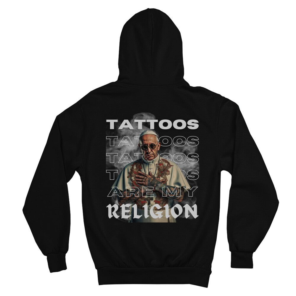 Religion - Backprint Hoodie Hoodie  S Schwarz  Tattoo Fashion von inked-mafia.de. Dieses Teil gehört in jeden Kleiderschrank eines inked-rebels! Finde ideale Geschenke für Tätowierte, Tattoofans oder Tätowierer.