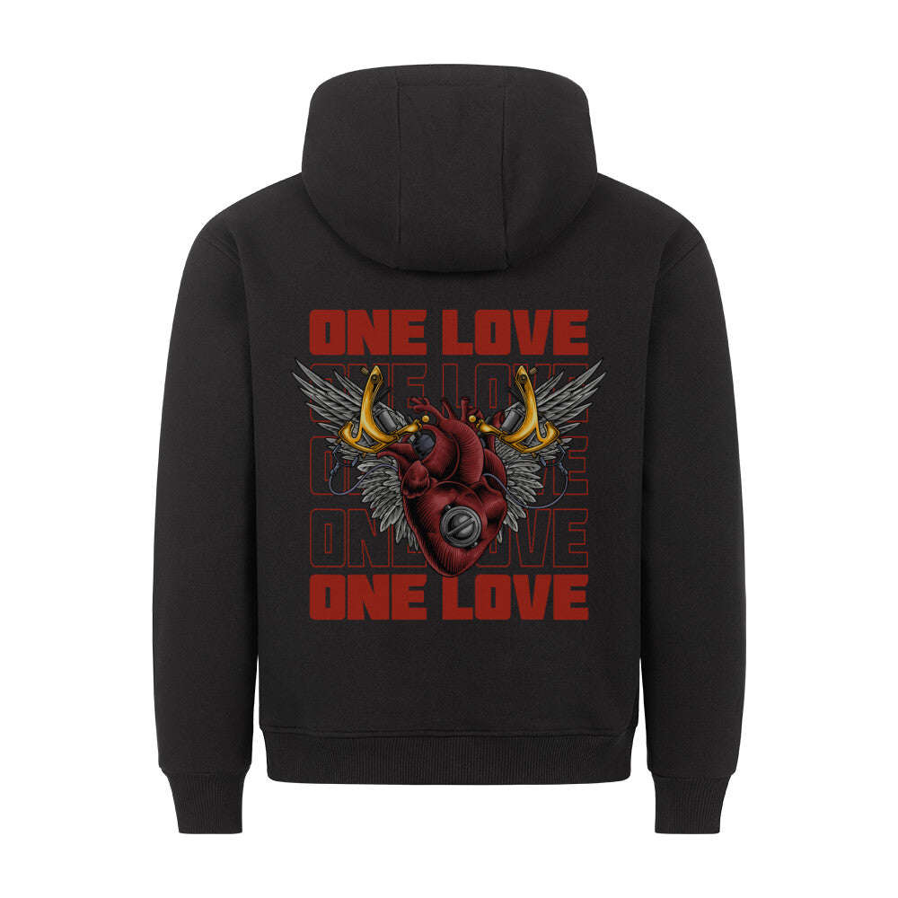 One Love - Backprint Hoodie Hoodie  S Schwarz  Tattoo Fashion von inked-mafia.de. Dieses Teil gehört in jeden Kleiderschrank eines inked-rebels! Finde ideale Geschenke für Tätowierte, Tattoofans oder Tätowierer.