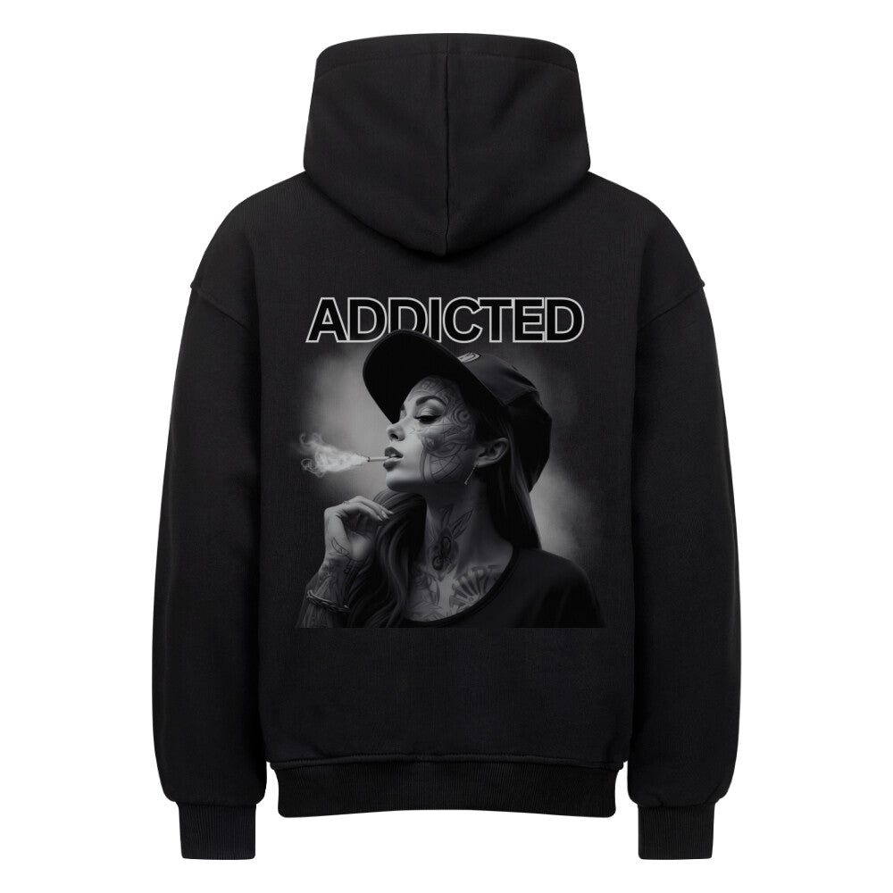 Addicted - Heavy Oversized Backprint Hoodie Hoodie  XS Schwarz  Tattoo Fashion von inked-mafia.de. Dieses Teil gehört in jeden Kleiderschrank eines inked-rebels! Finde ideale Geschenke für Tätowierte, Tattoofans oder Tätowierer.