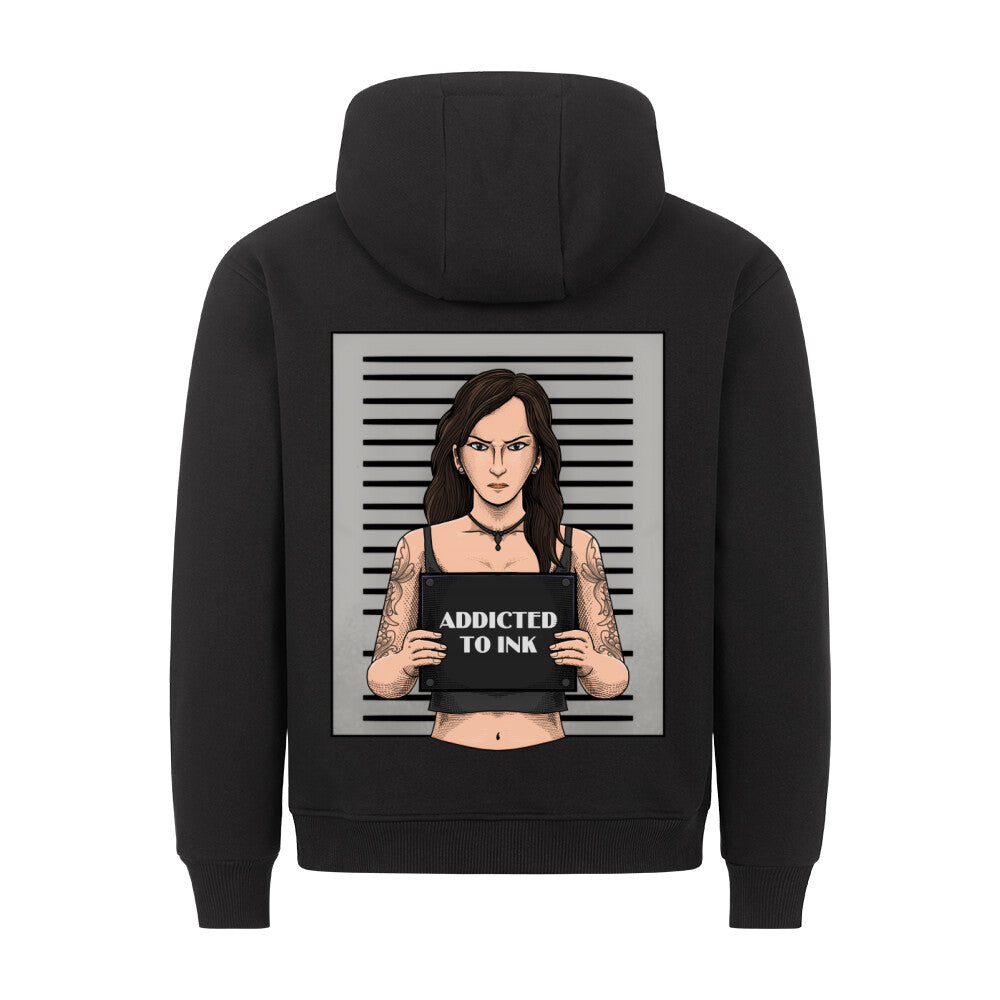 Addicted to ink - Backprint Hoodie Hoodie  S Schwarz  Tattoo Fashion von inked-mafia.de. Dieses Teil gehört in jeden Kleiderschrank eines inked-rebels! Finde ideale Geschenke für Tätowierte, Tattoofans oder Tätowierer.