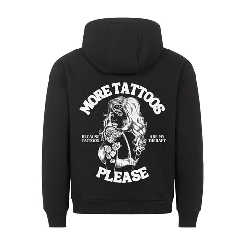 More Tattoos please - Backprint Hoodie Hoodie  S Schwarz  Tattoo Fashion von inked-mafia.de. Dieses Teil gehört in jeden Kleiderschrank eines inked-rebels! Finde ideale Geschenke für Tätowierte, Tattoofans oder Tätowierer.