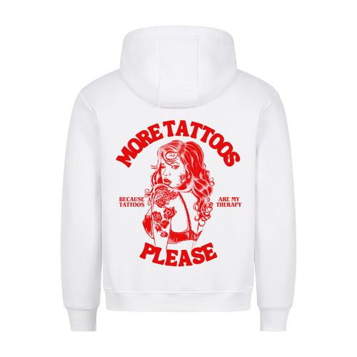 More Tattoos please - Backprint Hoodie Hoodie  S Weiß  Tattoo Fashion von inked-mafia.de. Dieses Teil gehört in jeden Kleiderschrank eines inked-rebels! Finde ideale Geschenke für Tätowierte, Tattoofans oder Tätowierer.