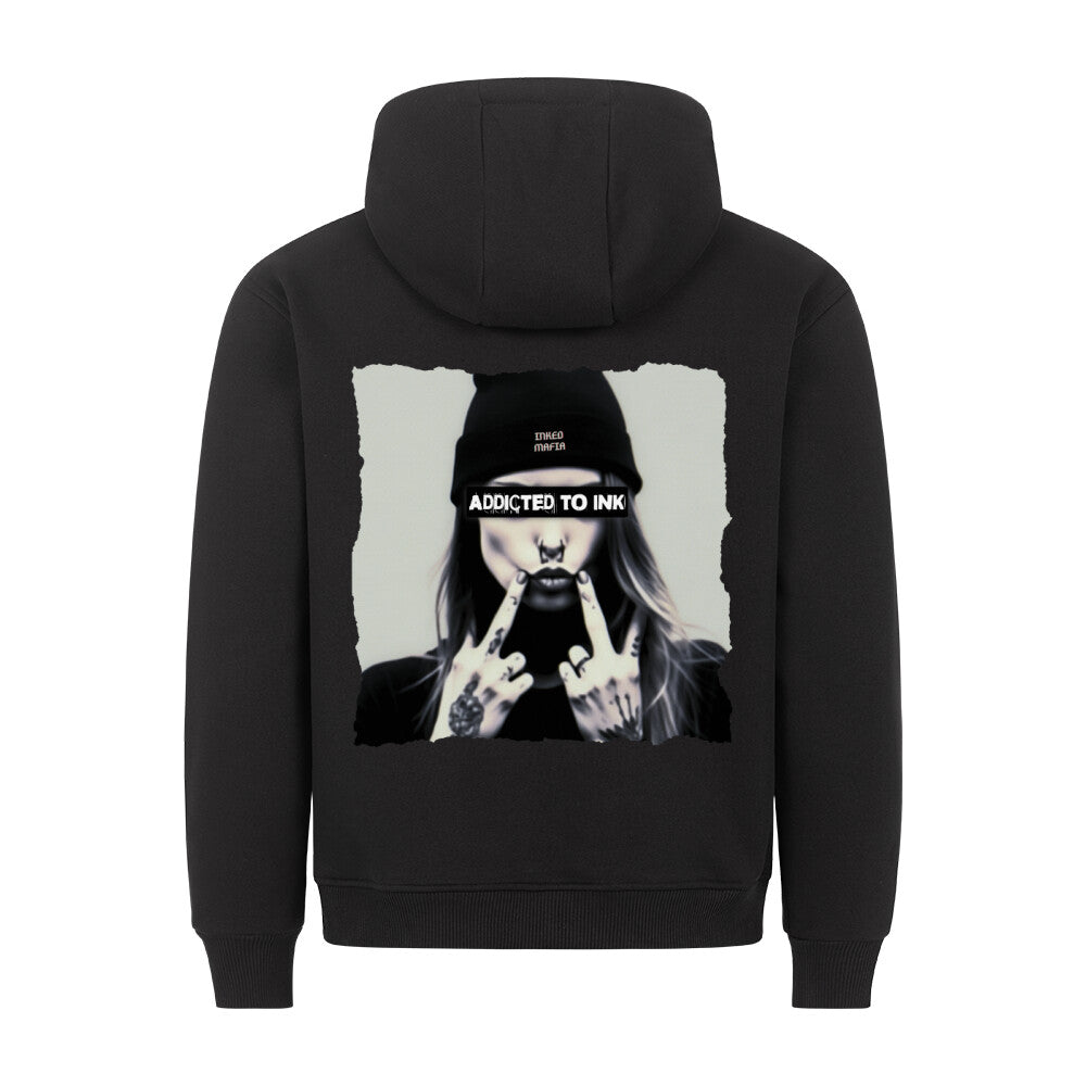 Addicted - Backprint Hoodie Hoodie  S Schwarz  Tattoo Fashion von inked-mafia.de. Dieses Teil gehört in jeden Kleiderschrank eines inked-rebels! Finde ideale Geschenke für Tätowierte, Tattoofans oder Tätowierer.