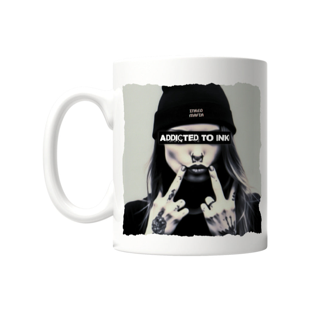 Addicted - Tasse Mug     Tattoo Fashion von inked-mafia.de. Dieses Teil gehört in jeden Kleiderschrank eines inked-rebels! Finde ideale Geschenke für Tätowierte, Tattoofans oder Tätowierer.