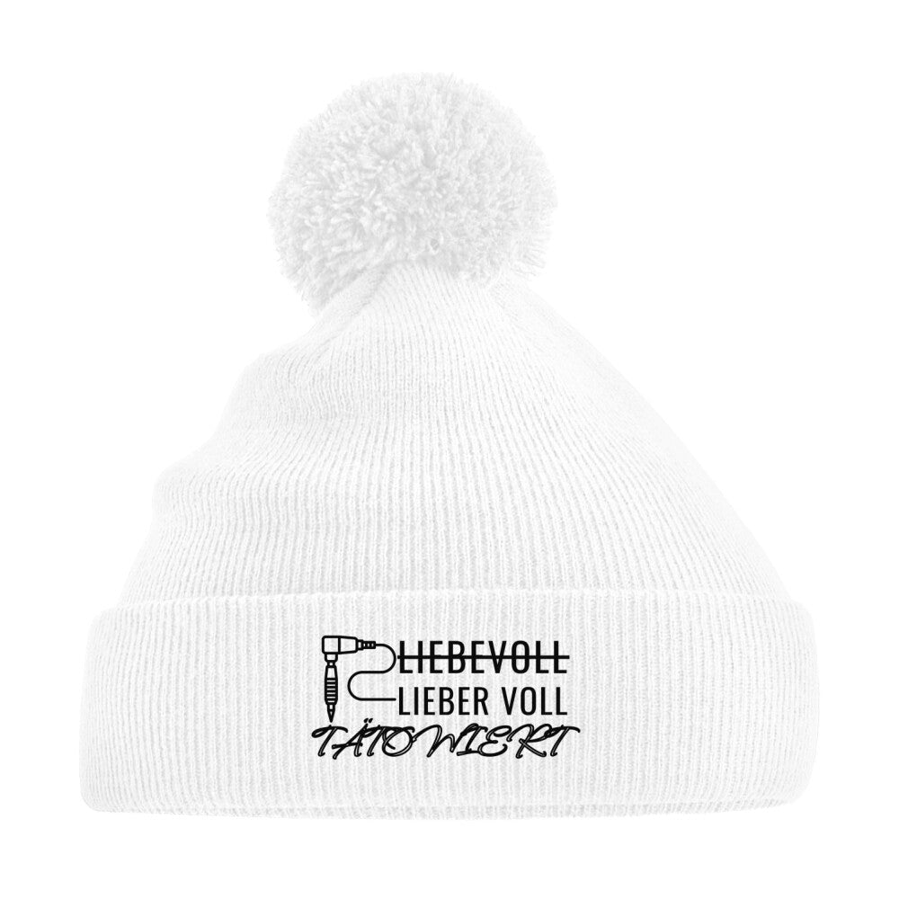 Liebevoll - Bommelmütze Beanie  One Size Weiß  Tattoo Fashion von inked-mafia.de. Dieses Teil gehört in jeden Kleiderschrank eines inked-rebels! Finde ideale Geschenke für Tätowierte, Tattoofans oder Tätowierer.