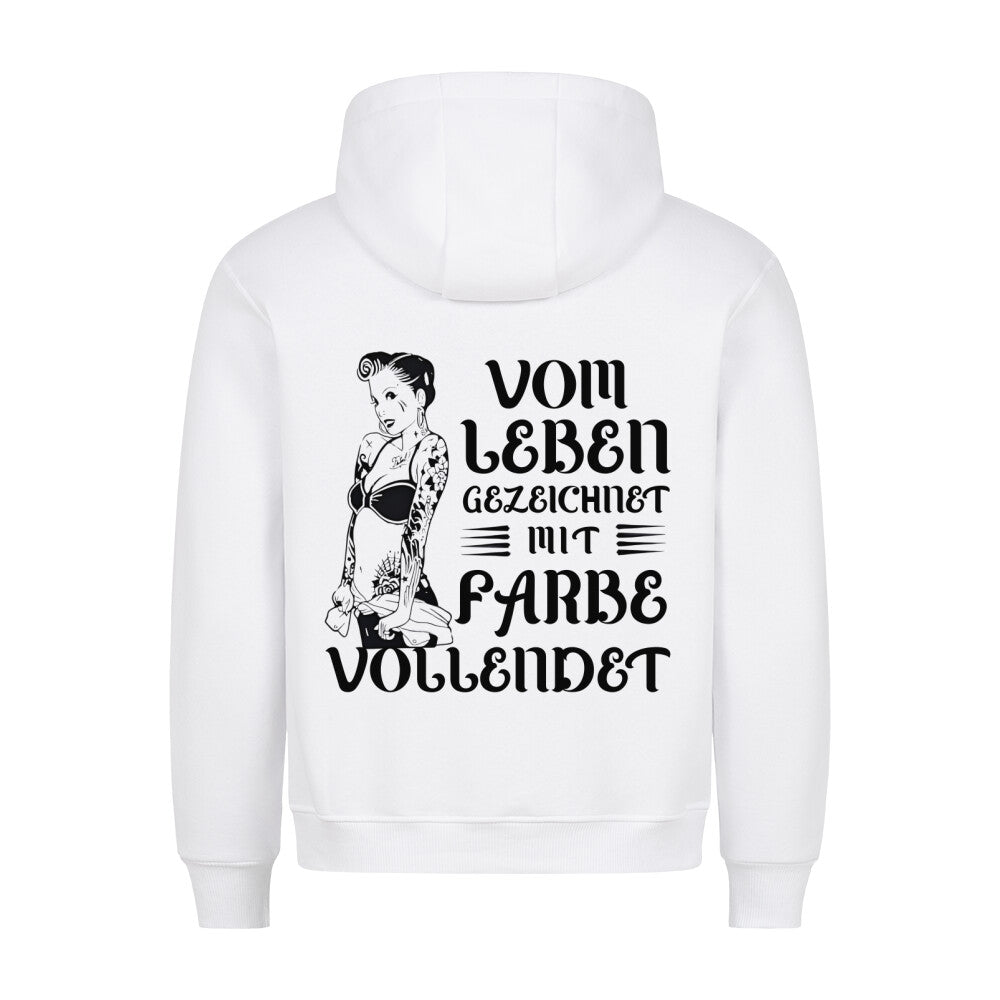 Vom Leben gezeichnet - Backprint Hoodie Hoodie  S Weiß  Tattoo Fashion von inked-mafia.de. Dieses Teil gehört in jeden Kleiderschrank eines inked-rebels! Finde ideale Geschenke für Tätowierte, Tattoofans oder Tätowierer.